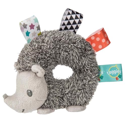 Taggies Heather Hedgehog Baby Rattle - 5-Inch Soft Ring Rattle with Satin Loop Tags