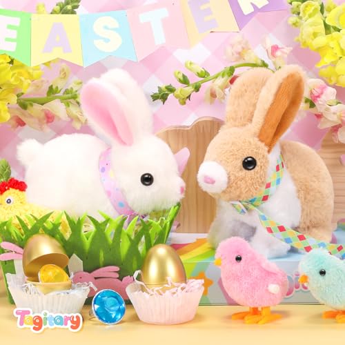 Tagitary Easter Plush Bunny Toy: Hopping Interactive Rabbit with Leash, Sounds, and Wind-Up Chickens