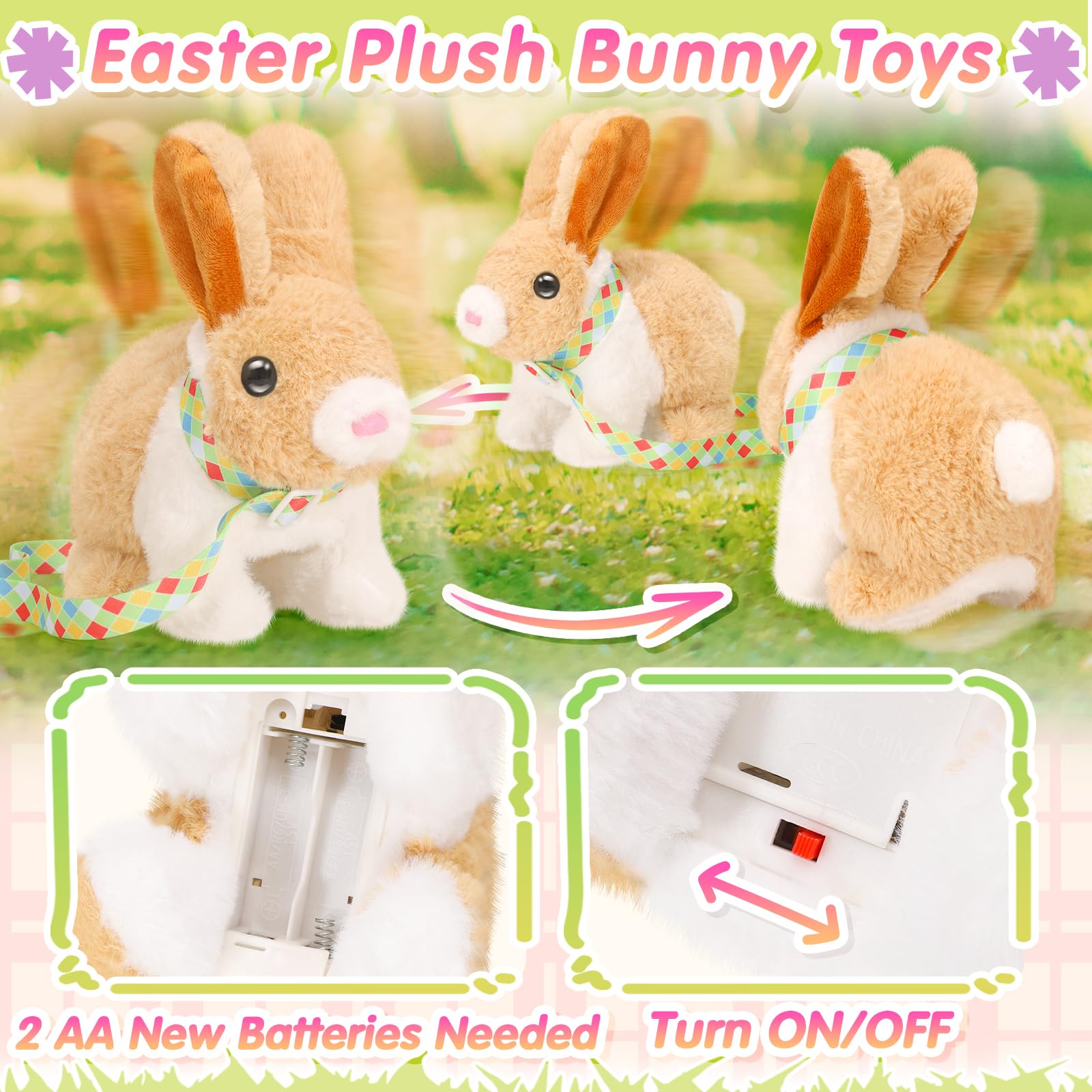 Tagitary Easter Plush Bunny Toy: Hopping Interactive Rabbit with Leash, Sounds, and Wind-Up Chickens