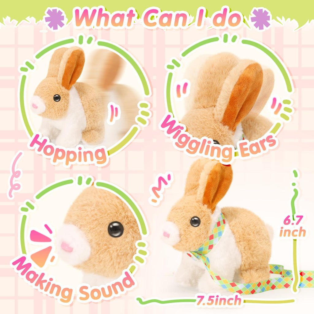 Tagitary Easter Plush Bunny Toy: Hopping Interactive Rabbit with Leash, Sounds, and Wind-Up Chickens