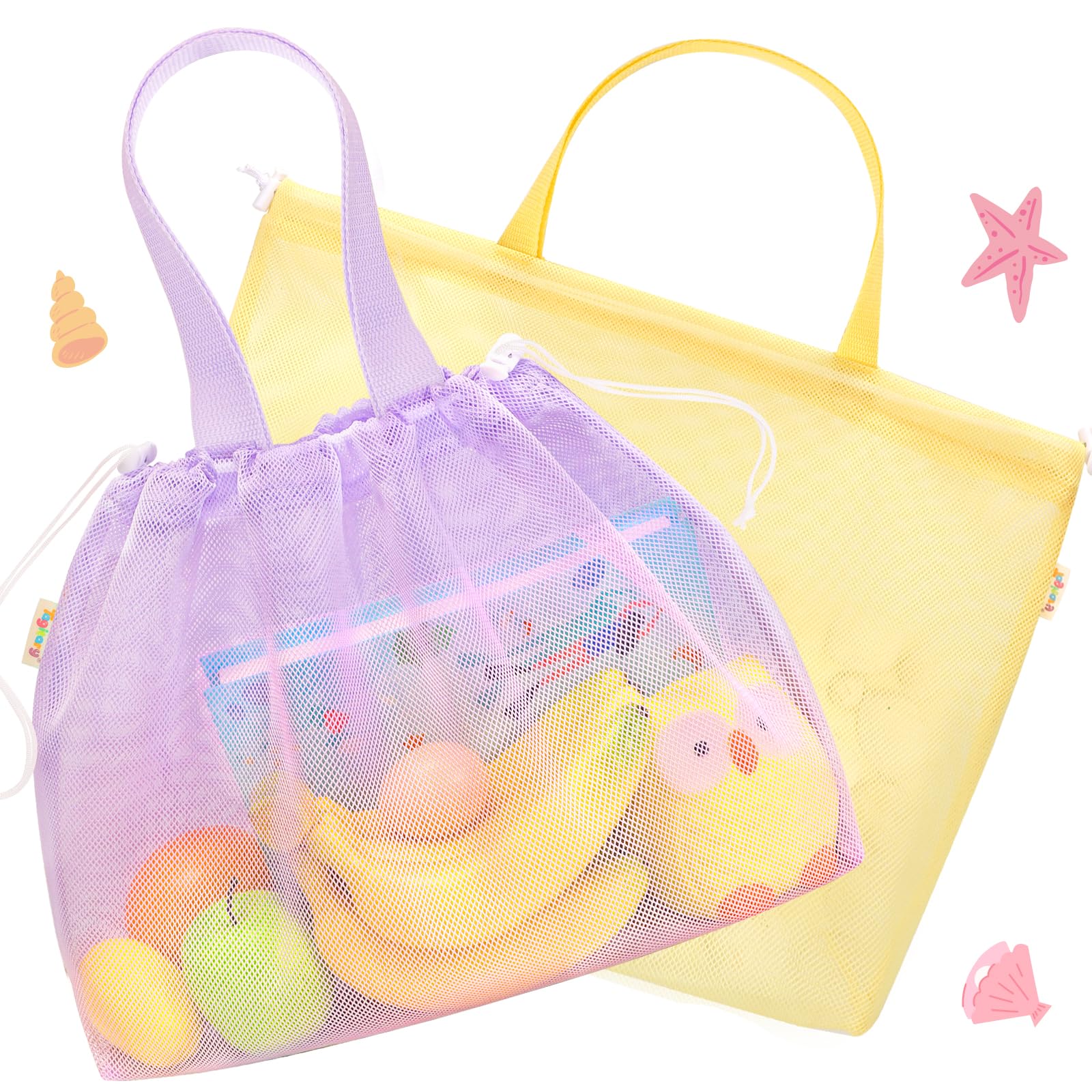 Tagitary Kids Beach Bag Tote with Drawstring - Yellow Purple Mesh Lightweight Foldable for Pool Gym Camping