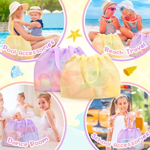 Tagitary Kids Beach Bag Tote with Drawstring - Yellow Purple Mesh Lightweight Foldable for Pool Gym Camping