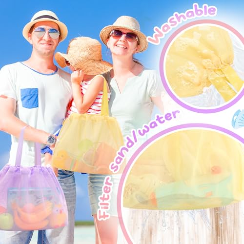 Tagitary Kids Beach Bag Tote with Drawstring - Yellow Purple Mesh Lightweight Foldable for Pool Gym Camping