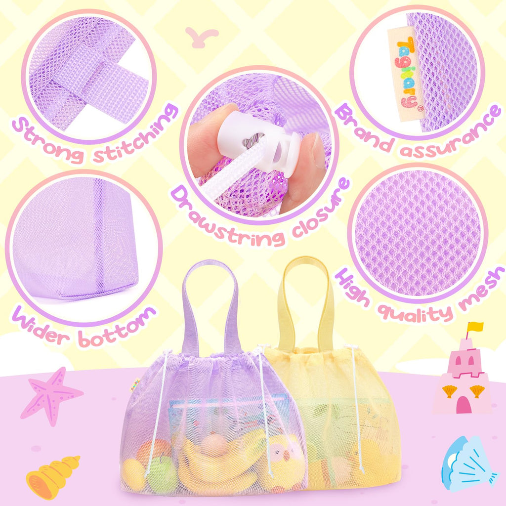 Tagitary Kids Beach Bag Tote with Drawstring - Yellow Purple Mesh Lightweight Foldable for Pool Gym Camping