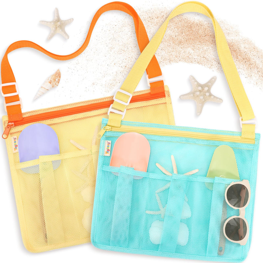 Tagitary Kids Mesh Beach Bag - Blue and Yellow Crossbody with Zipper, 4 Pockets for Toys and Shells