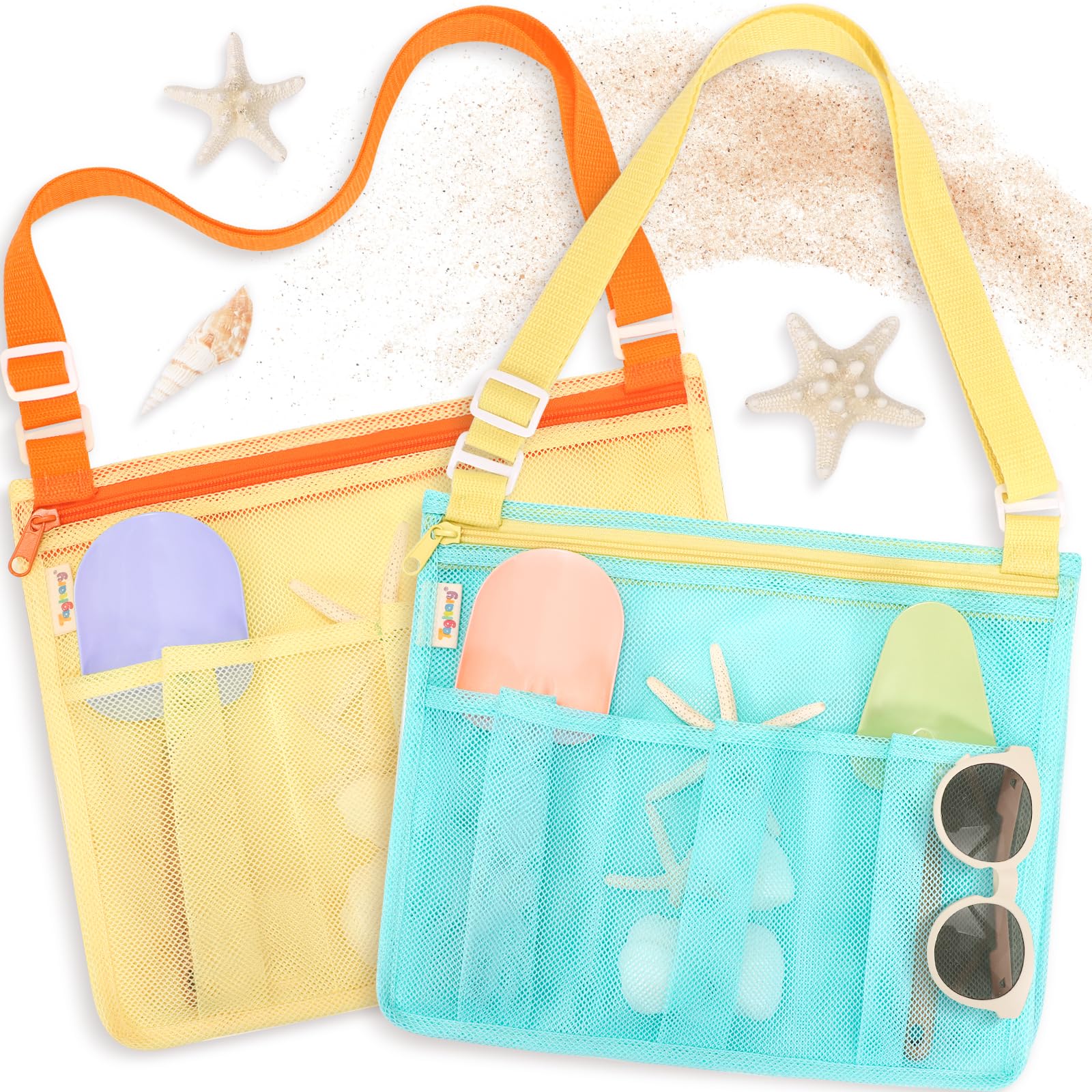 Tagitary Kids Mesh Beach Bag - Blue and Yellow Crossbody with Zipper, 4 Pockets for Toys and Shells