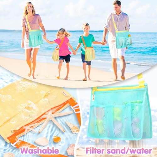 Tagitary Kids Mesh Beach Bag - Blue and Yellow Crossbody with Zipper, 4 Pockets for Toys and Shells