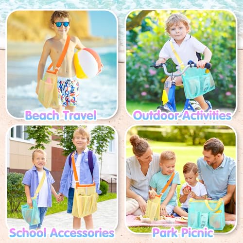 Tagitary Kids Mesh Beach Bag - Blue and Yellow Crossbody with Zipper, 4 Pockets for Toys and Shells