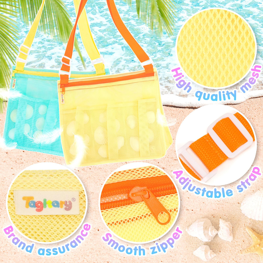 Tagitary Kids Mesh Beach Bag - Blue and Yellow Crossbody with Zipper, 4 Pockets for Toys and Shells