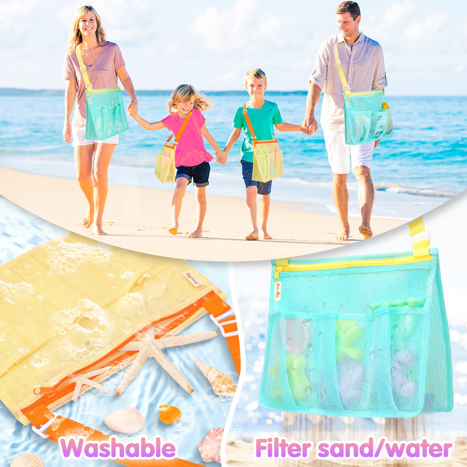 Tagitary Kids Mesh Beach Bag - Blue and Yellow Crossbody with Zipper, 4 Pockets for Toys and Shells