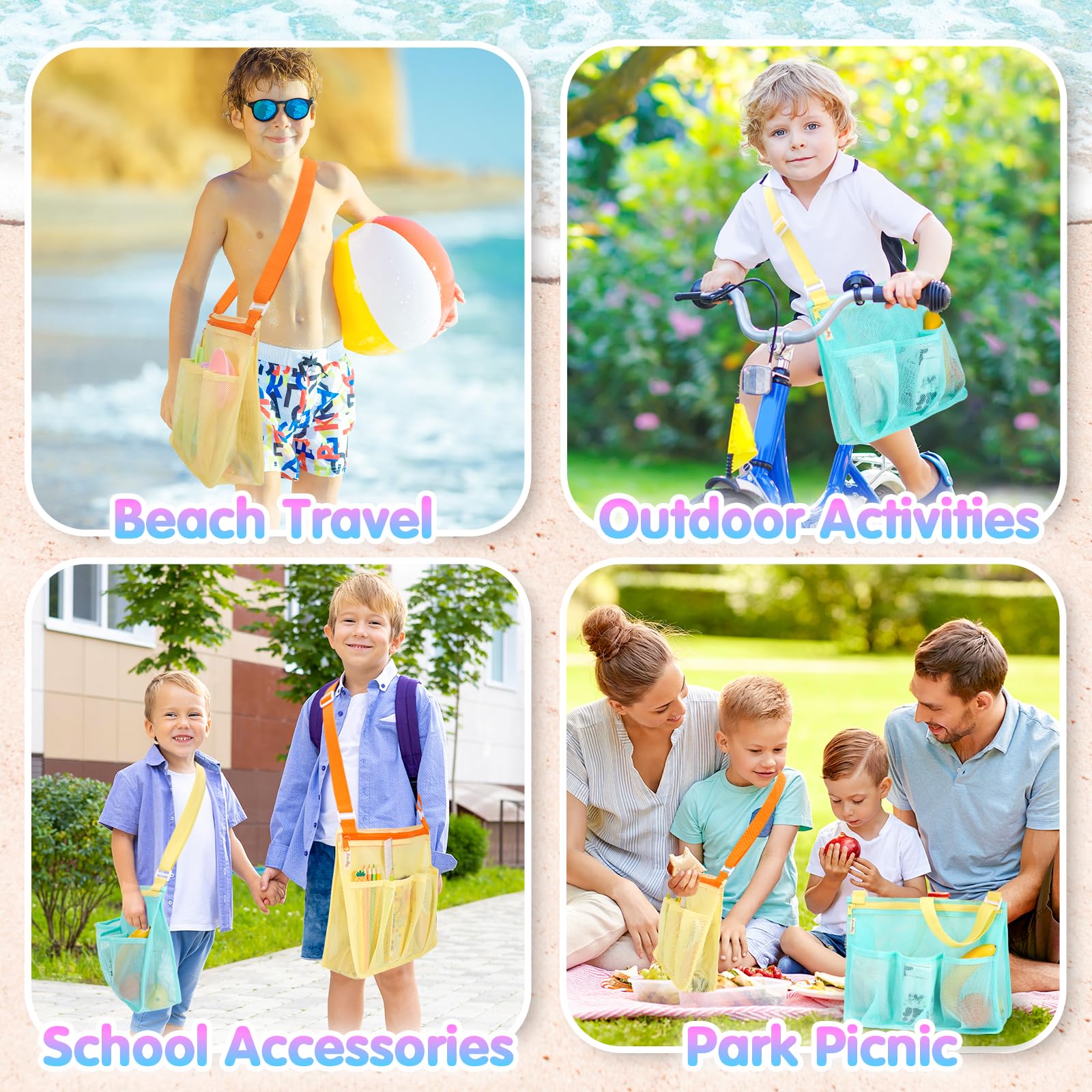 Tagitary Kids Mesh Beach Bag - Blue and Yellow Crossbody with Zipper, 4 Pockets for Toys and Shells
