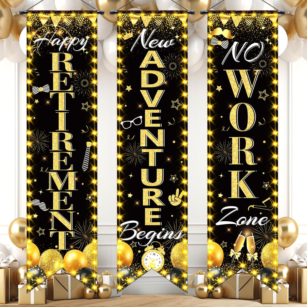 TagreSpike 3-Piece Retirement Porch Banner Set - Black Gold, 47x12 inches, Includes Happy Retirement, New Adventure Begins, No Work Zone