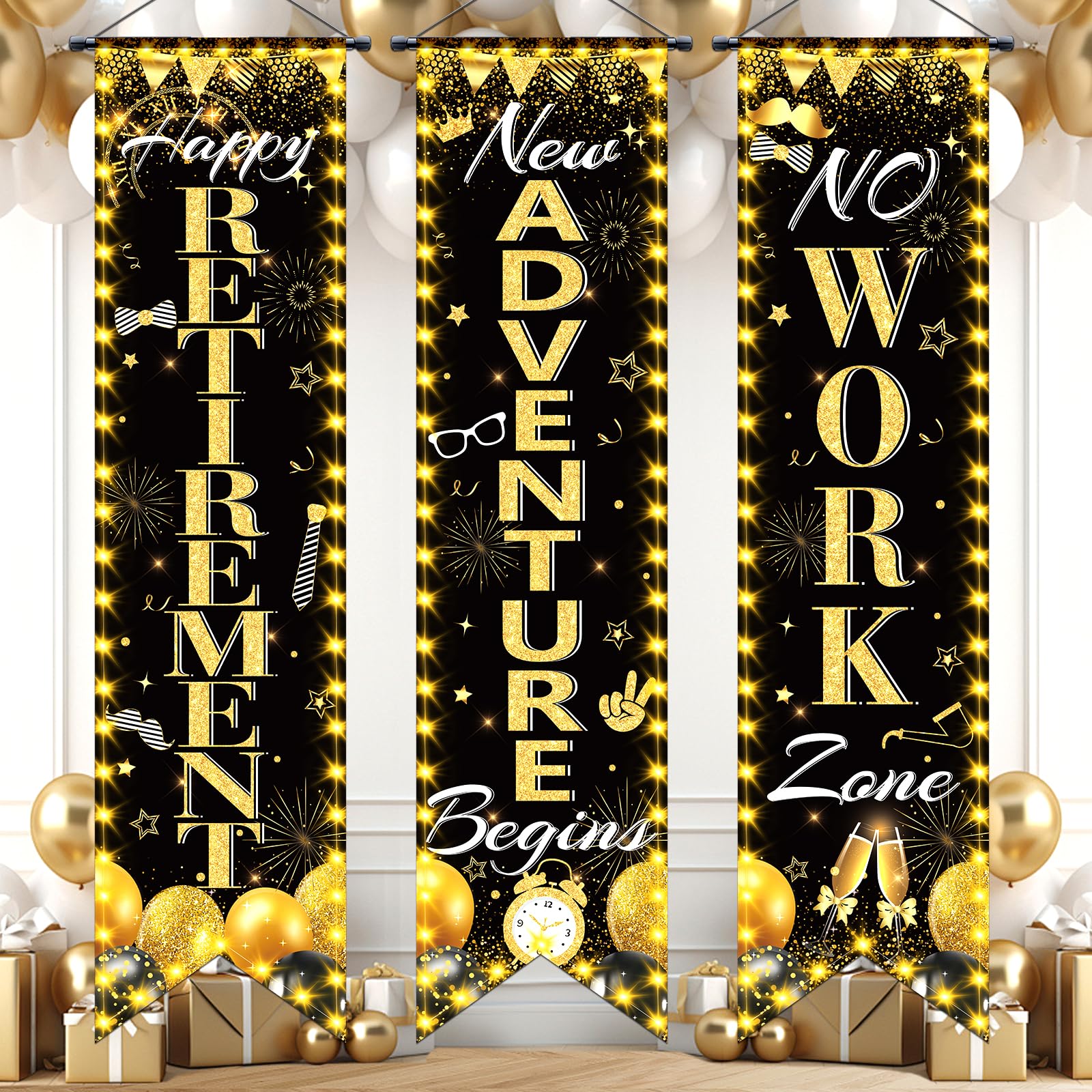 TagreSpike 3-Piece Retirement Porch Banner Set - Black Gold, 47x12 inches, Includes Happy Retirement, New Adventure Begins, No Work Zone