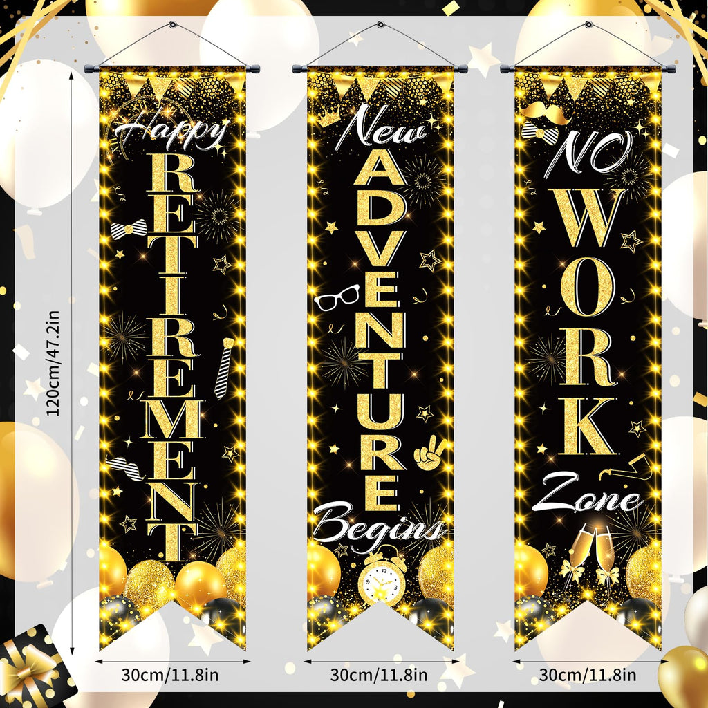 TagreSpike 3-Piece Retirement Porch Banner Set - Black Gold, 47x12 inches, Includes Happy Retirement, New Adventure Begins, No Work Zone