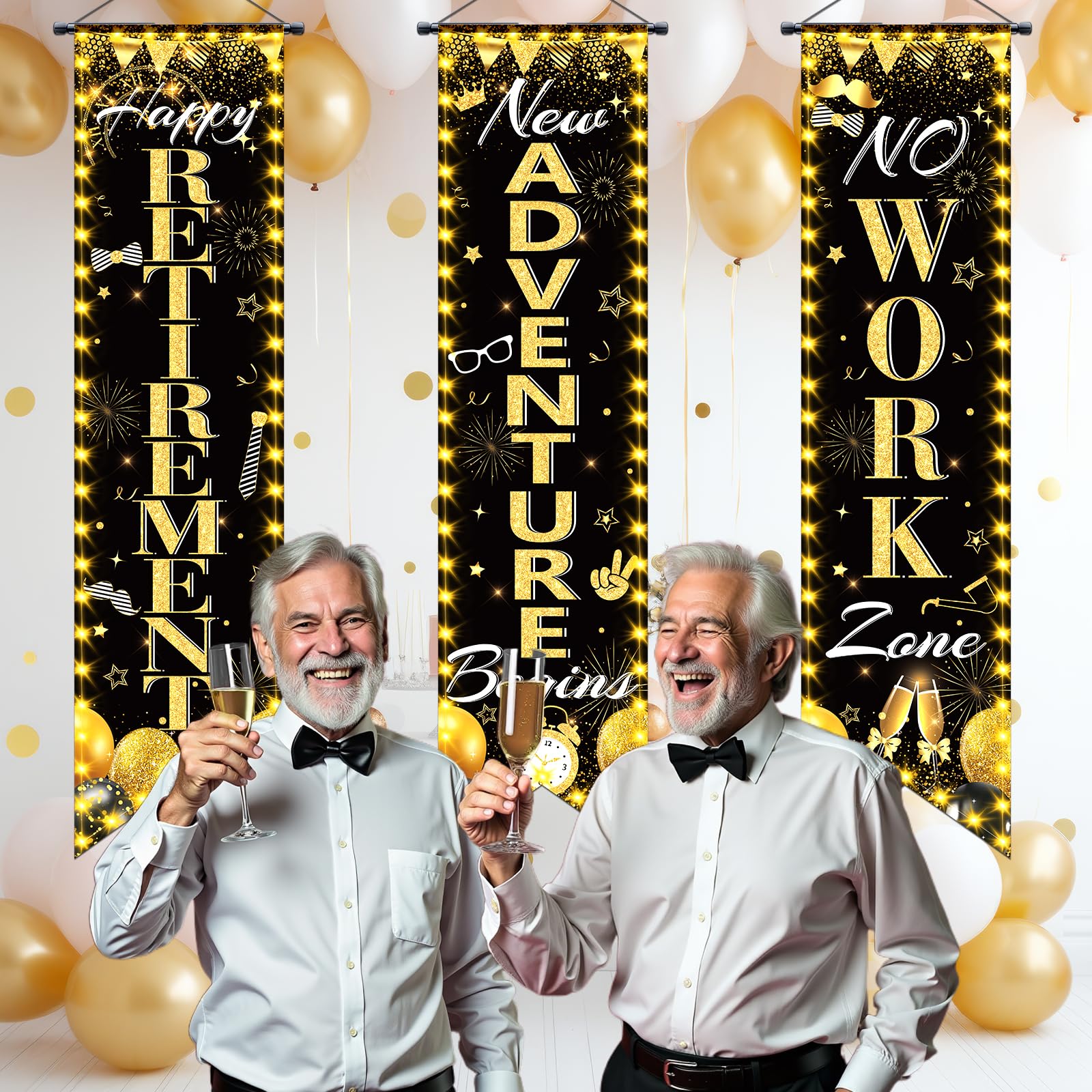 TagreSpike 3-Piece Retirement Porch Banner Set - Black Gold, 47x12 inches, Includes Happy Retirement, New Adventure Begins, No Work Zone