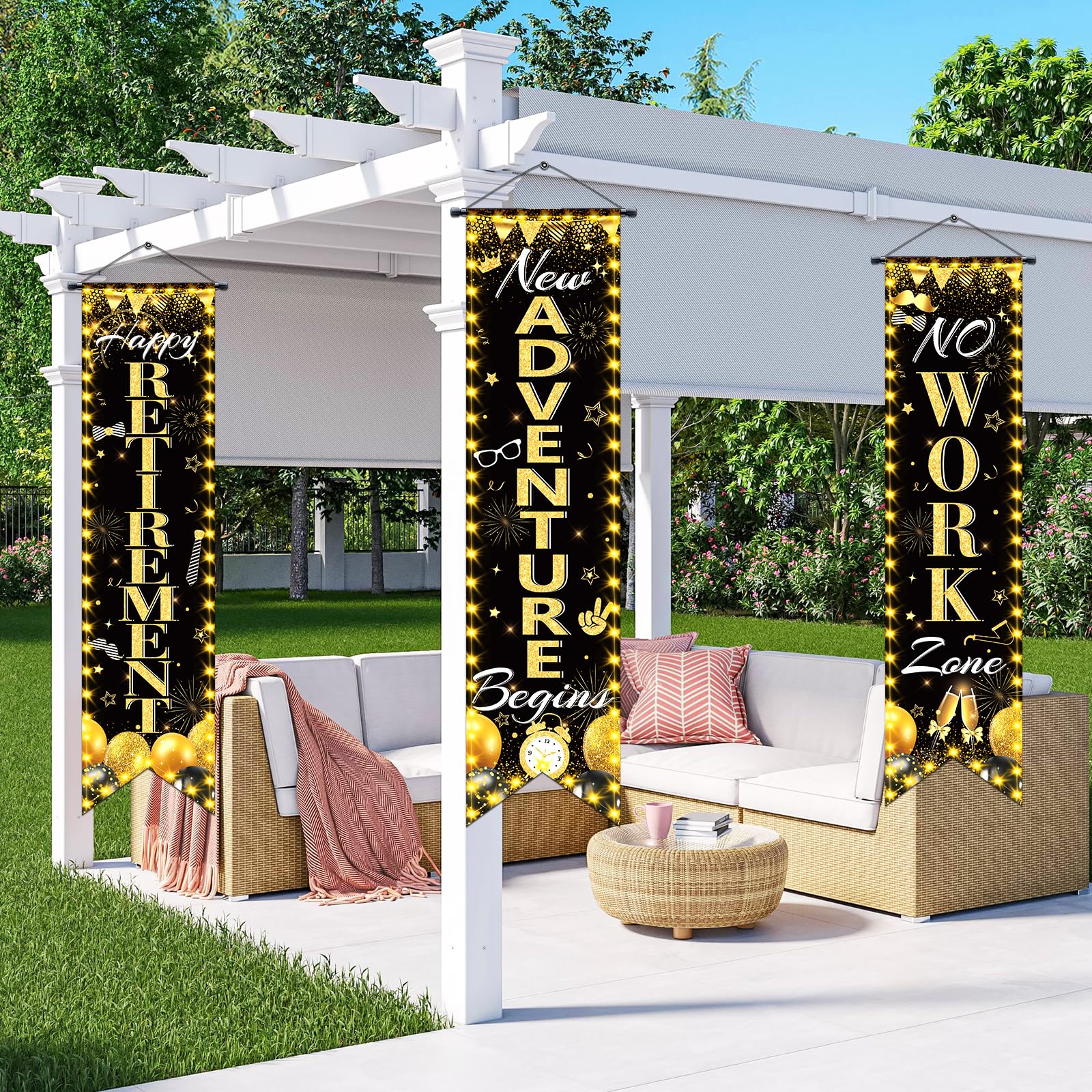 TagreSpike 3-Piece Retirement Porch Banner Set - Black Gold, 47x12 inches, Includes Happy Retirement, New Adventure Begins, No Work Zone