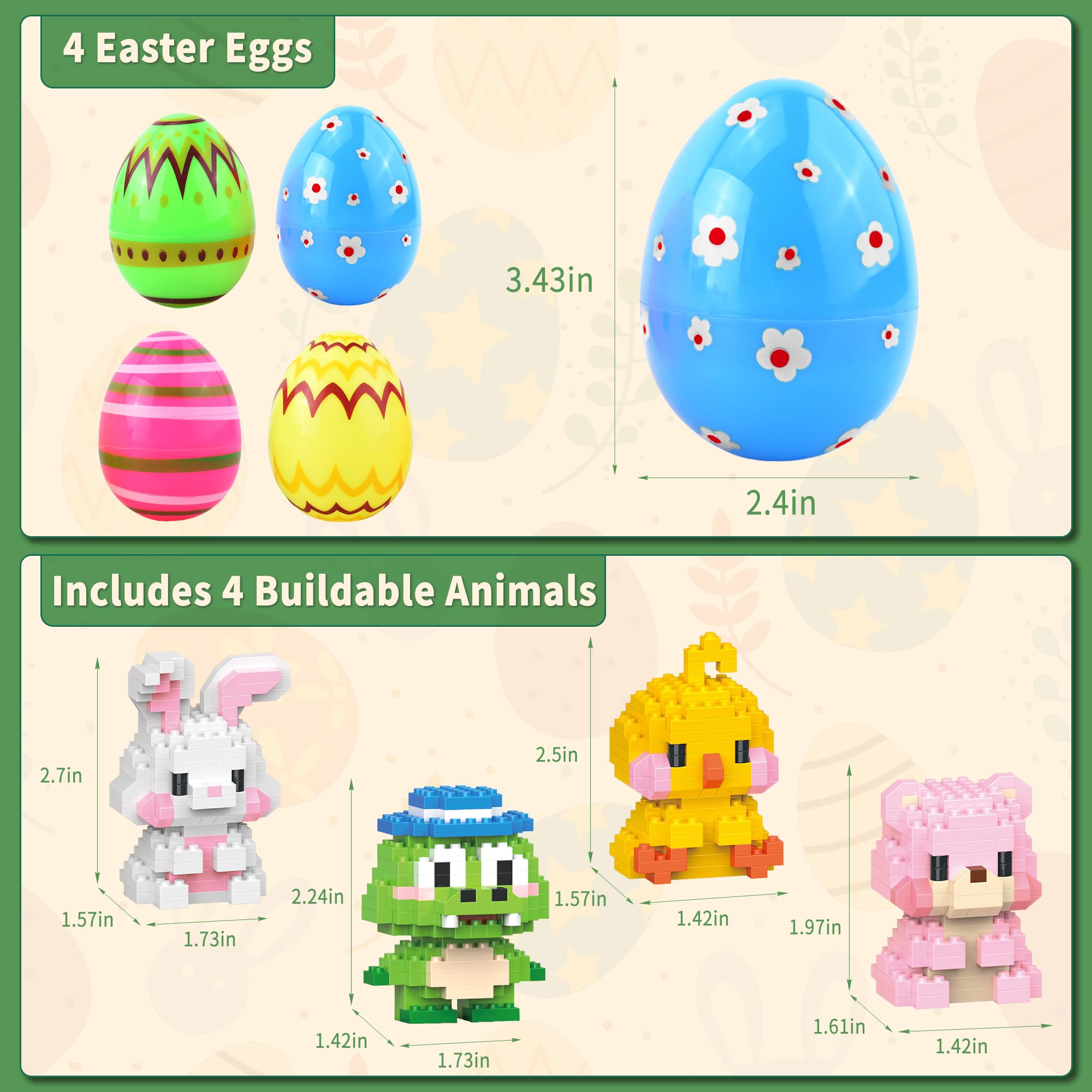 TAHAVICE 4 Pack Prefilled Easter Eggs with Animal Building Blocks – Candy-Free Easter Basket Stuffers for Kids Ages 6+