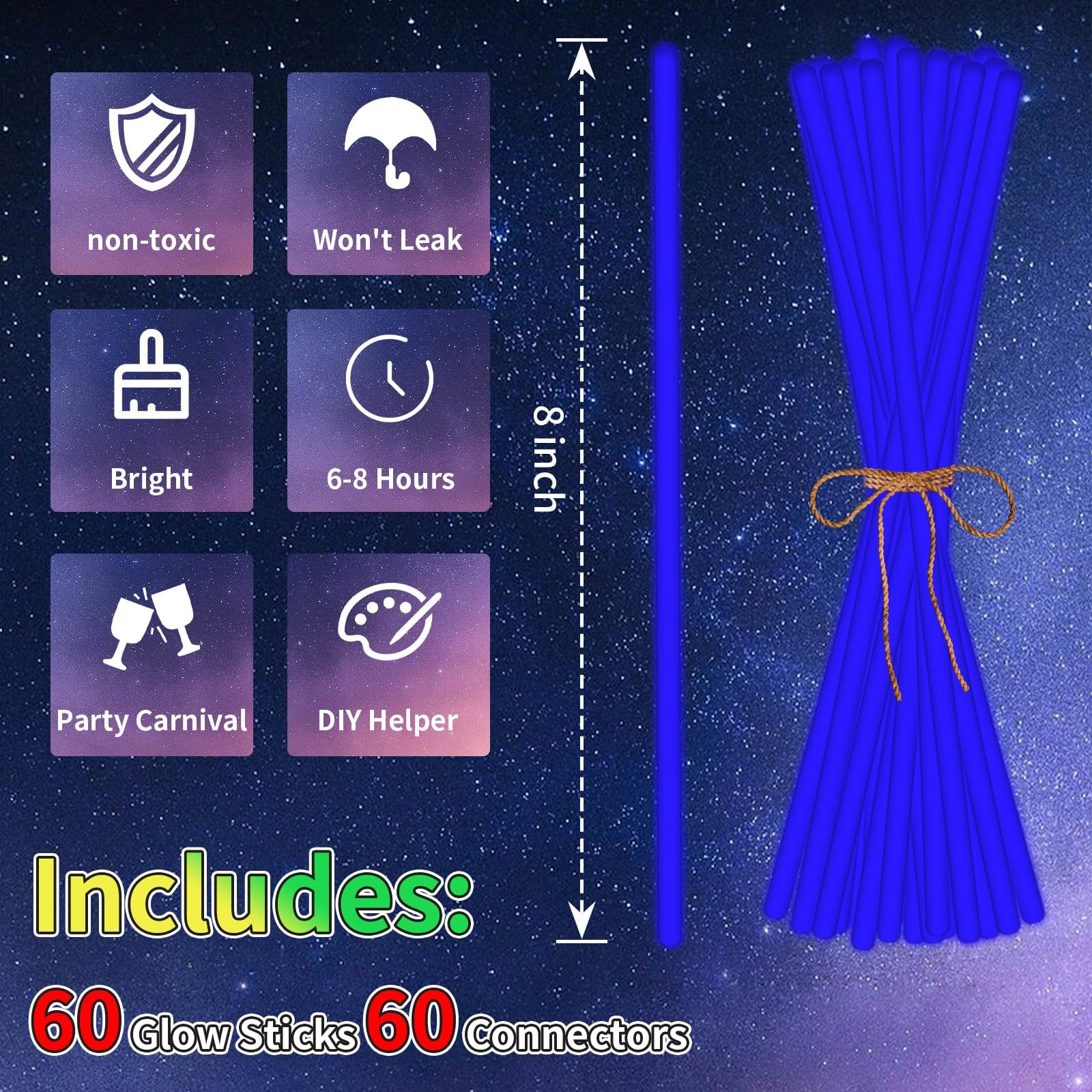 Taikula 60 Pack 8-Inch Blue Glow Sticks with Connectors for Parties and DIY