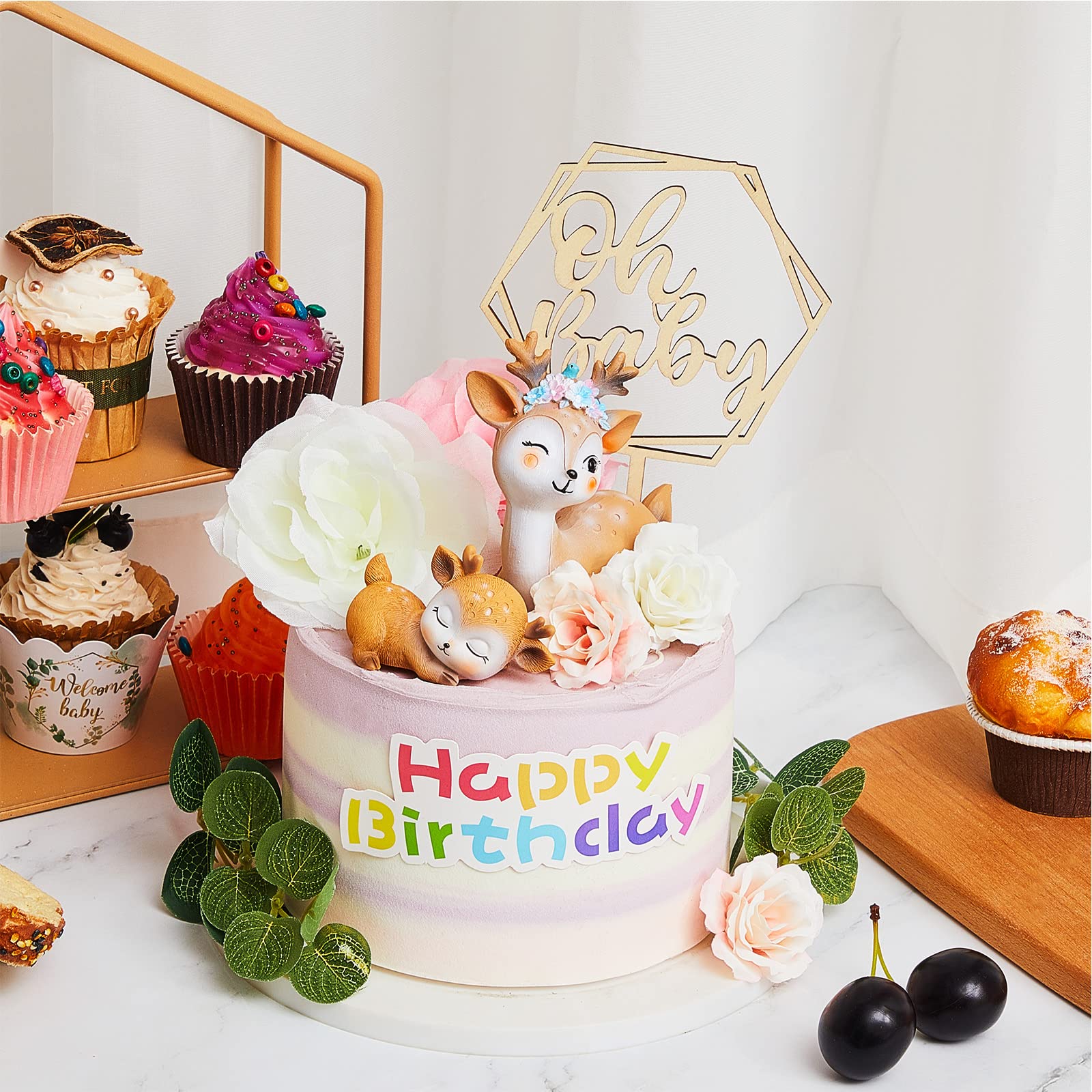 Taiyin Deer Cake Topper Set for Baby Shower or Wedding – Includes Fawn, Flowers, and Wooden Topper