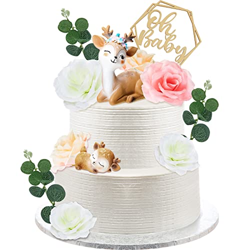 Taiyin Deer Cake Topper Set for Baby Shower or Wedding – Includes Fawn, Flowers, and Wooden Topper