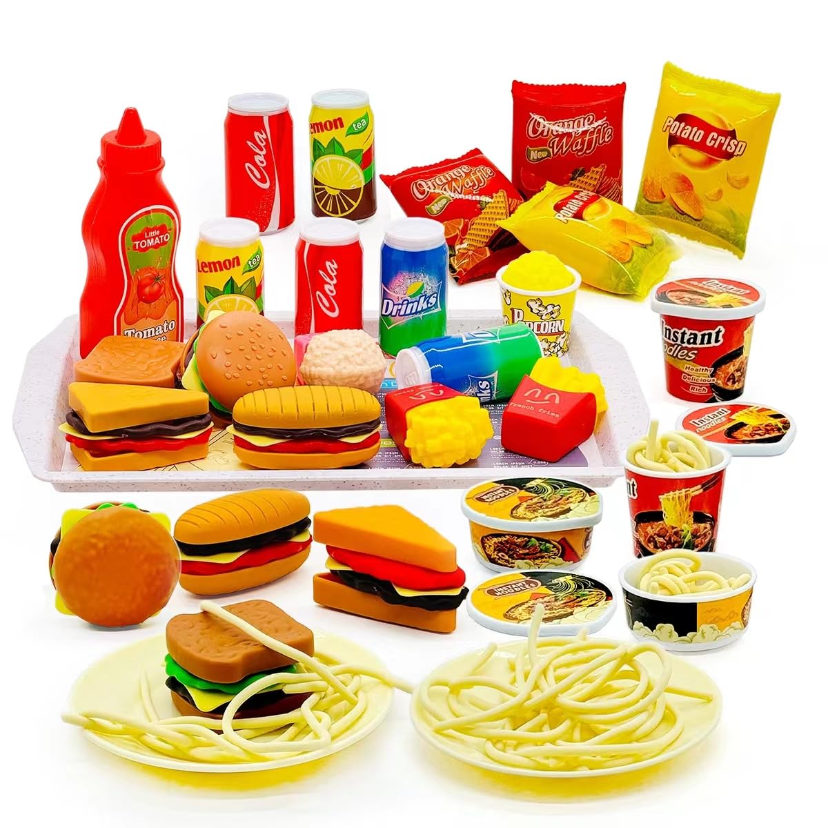 Taken All 31-Piece Mini Fast Food Playset – Hamburger, Fries, Noodles & Drink with Tray for Pretend Play