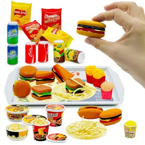 Taken All 31-Piece Mini Fast Food Playset – Hamburger, Fries, Noodles & Drink with Tray for Pretend Play