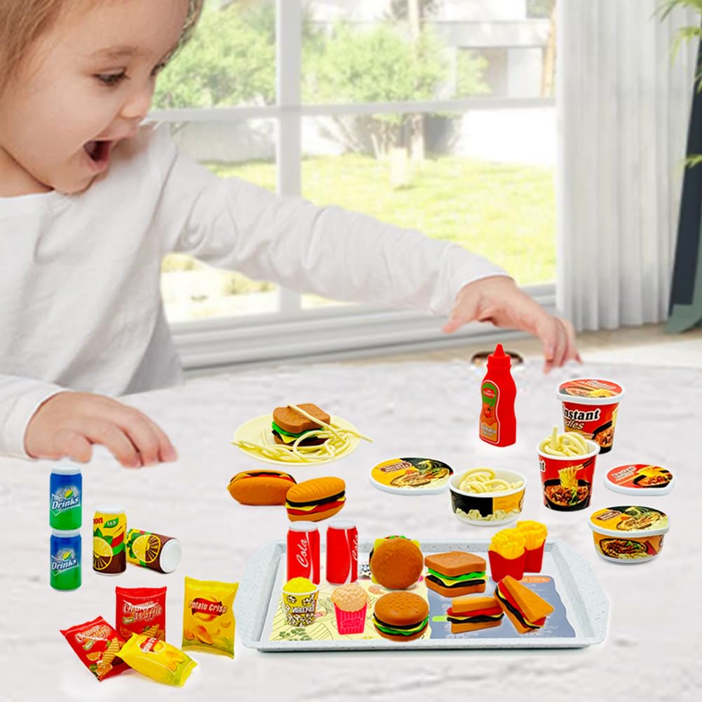 Taken All 31-Piece Mini Fast Food Playset – Hamburger, Fries, Noodles & Drink with Tray for Pretend Play