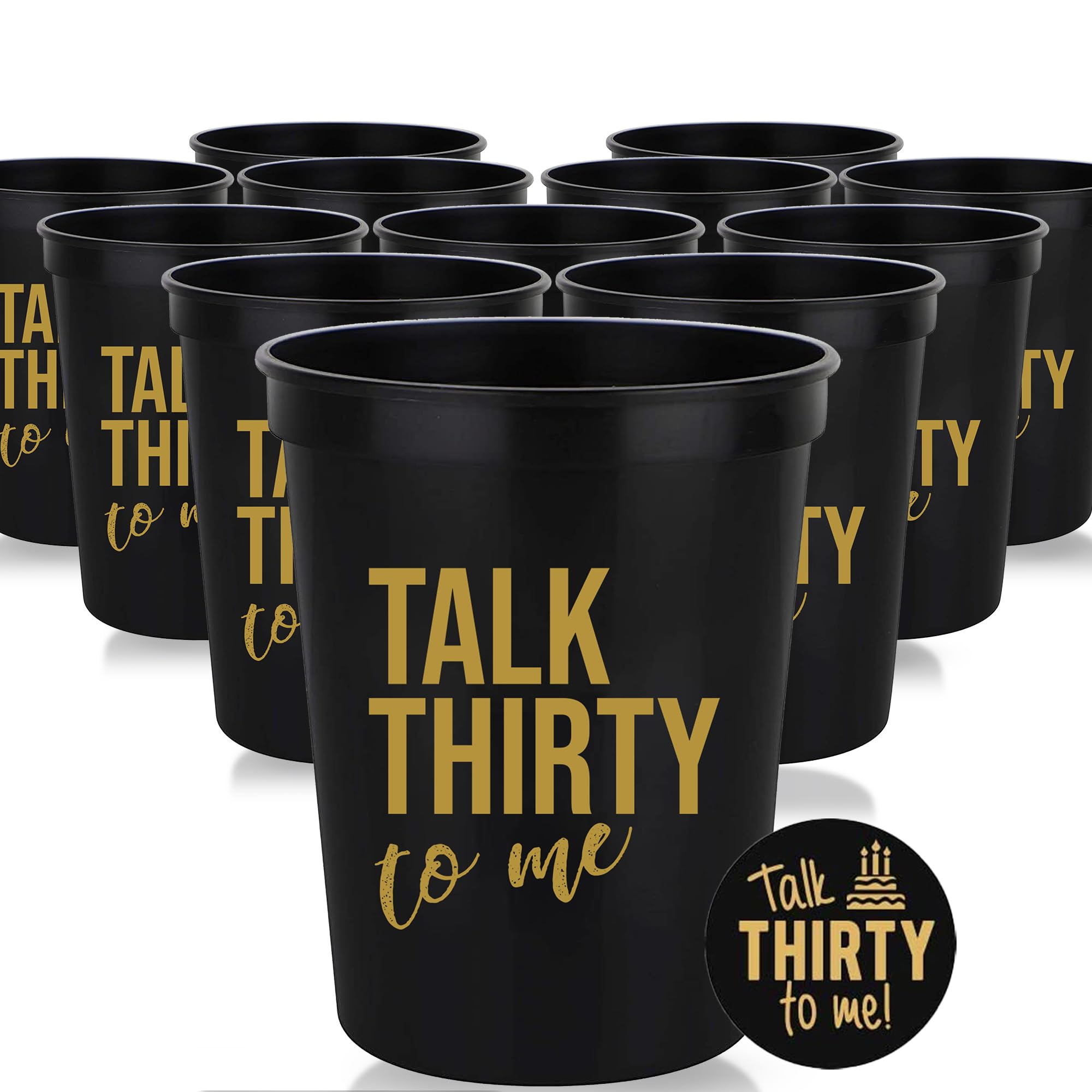 Talk Thirty to Me 30th Birthday Cups – Set of 12 Black & Gold Stadium Cups with Button