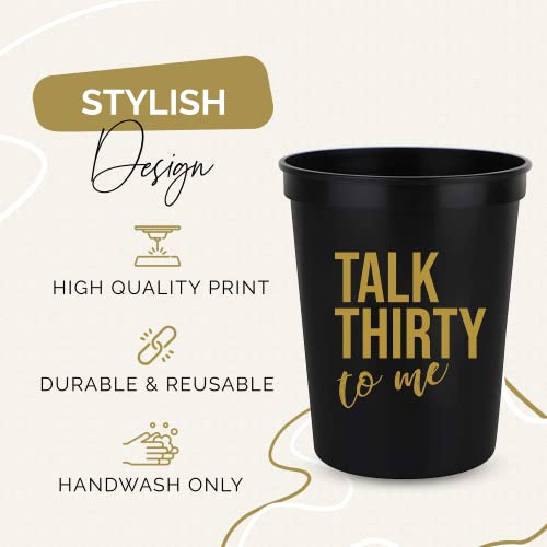 Talk Thirty to Me 30th Birthday Cups – Set of 12 Black & Gold Stadium Cups with Button
