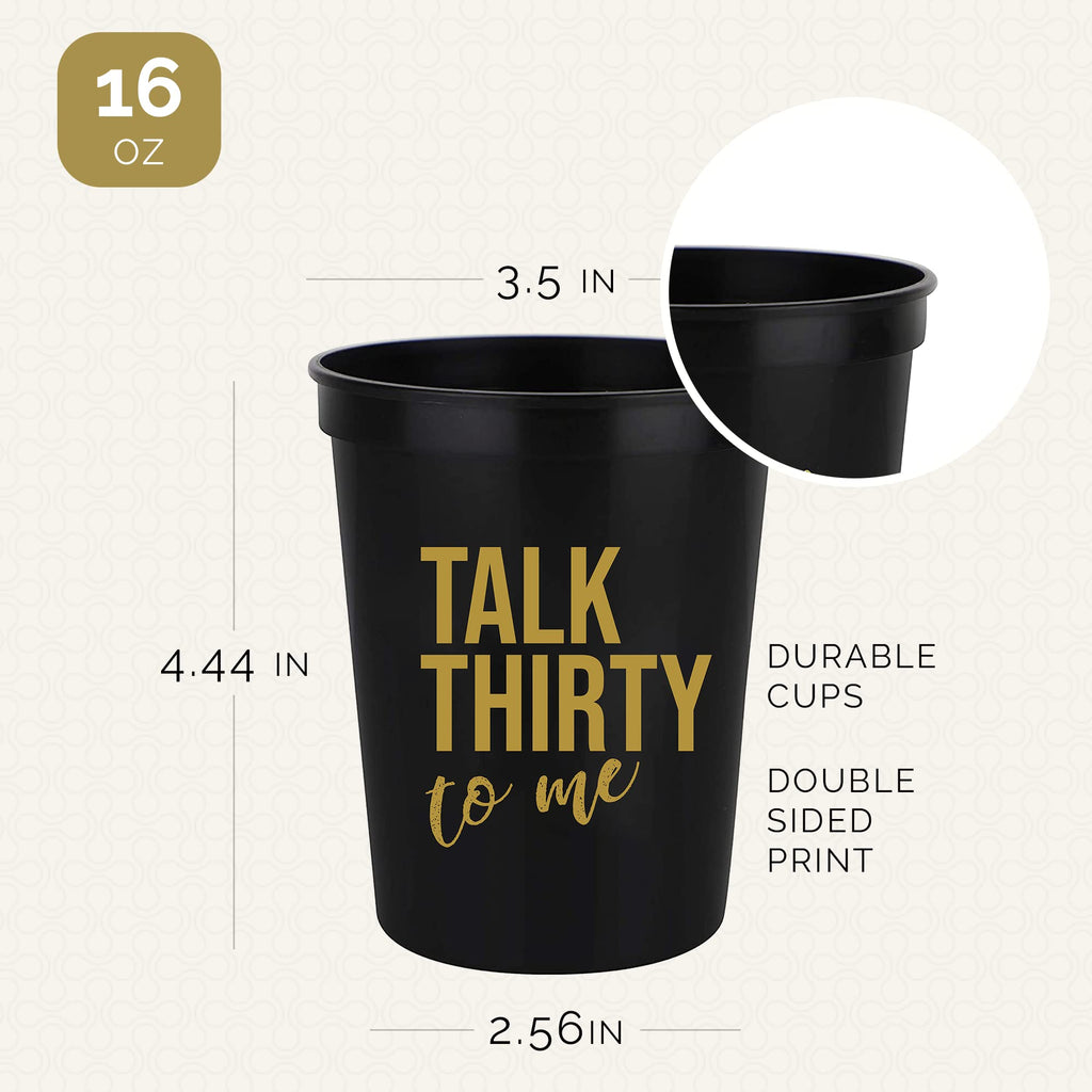 Talk Thirty to Me 30th Birthday Cups – Set of 12 Black & Gold Stadium Cups with Button