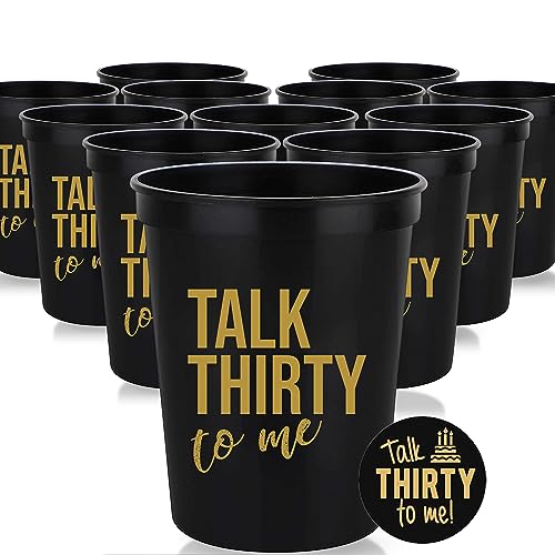 Talk Thirty to Me 30th Birthday Cups – Set of 12 Black & Gold Stadium Cups with Button