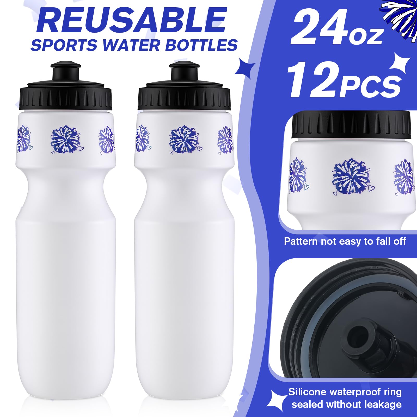 Talltalk 6-Pack Cheerleading Water Bottles - 24oz Squeeze Sports Tumbler with Pull Top Cap, Reusable for Team Gifts, Party Favors (Blue)