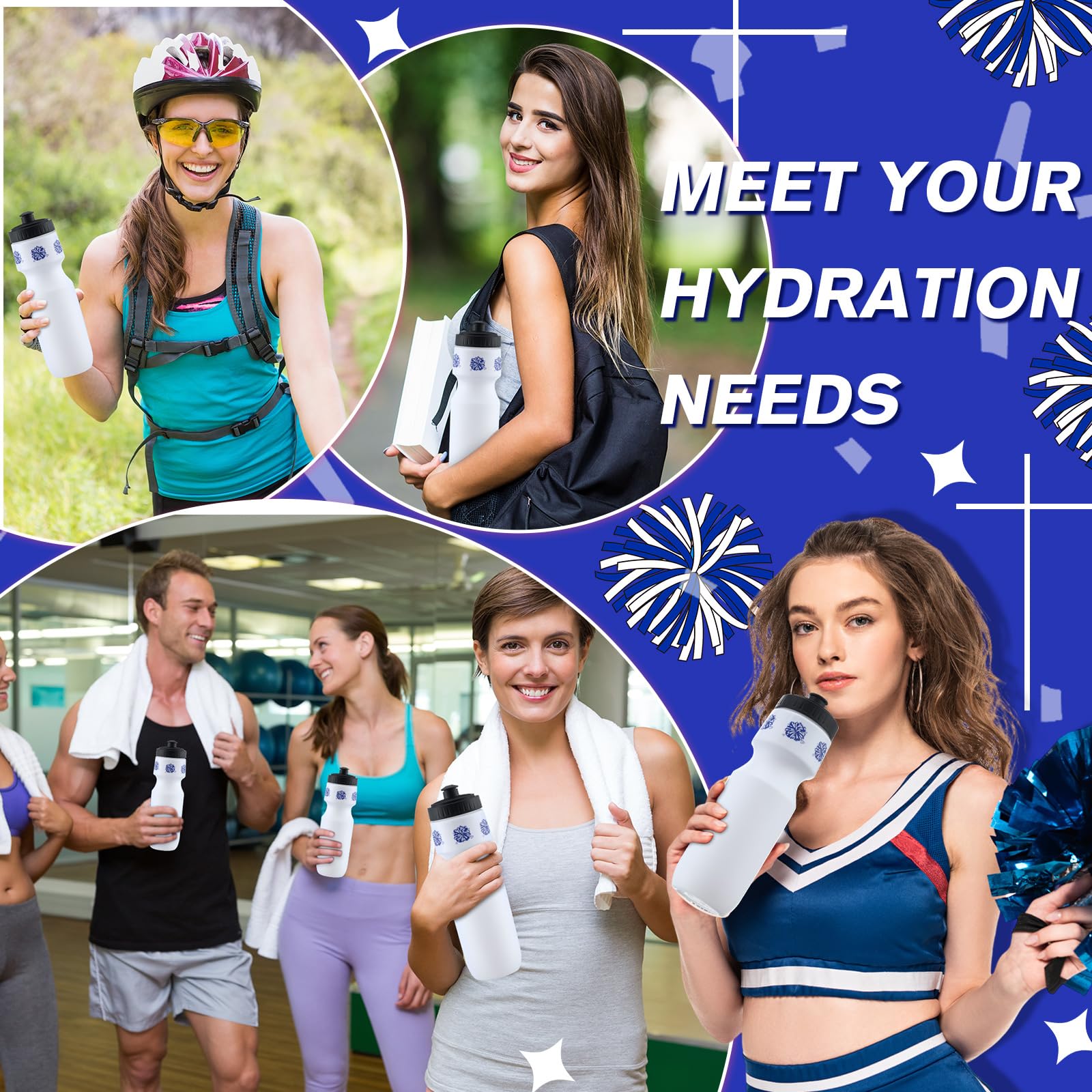 Talltalk 6-Pack Cheerleading Water Bottles - 24oz Squeeze Sports Tumbler with Pull Top Cap, Reusable for Team Gifts, Party Favors (Blue)