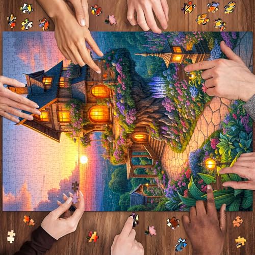 TangMosaic 1000 Piece Puzzle for Adults – Fairytale Tree House with Auroras, Dust-Free, Lettered Back, 27.56"x19.69" Finished Size