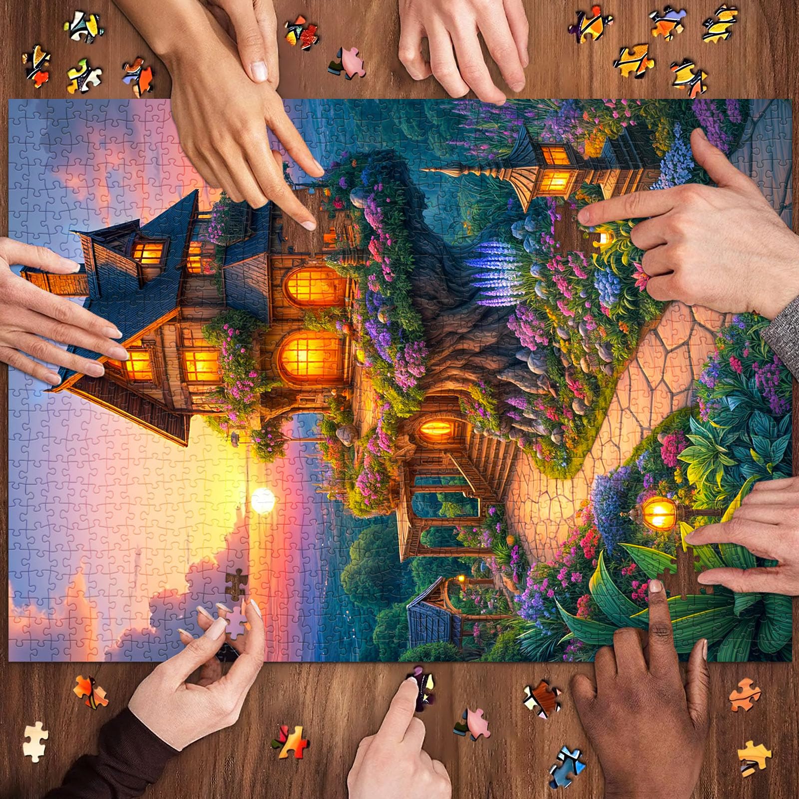 TangMosaic 1000 Piece Puzzle for Adults – Fairytale Tree House with Auroras, Dust-Free, Lettered Back, 27.56"x19.69" Finished Size
