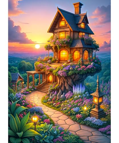 TangMosaic 1000 Piece Puzzle for Adults – Fairytale Tree House with Auroras, Dust-Free, Lettered Back, 27.56"x19.69" Finished Size