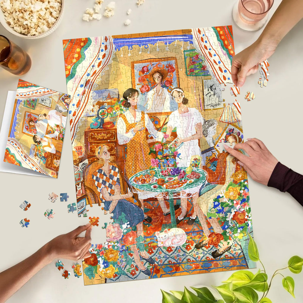 TangMosaic 500 Piece Jigsaw Puzzle – Northern Lights Cottage Scene, Interlocking Pieces with Matte Finish