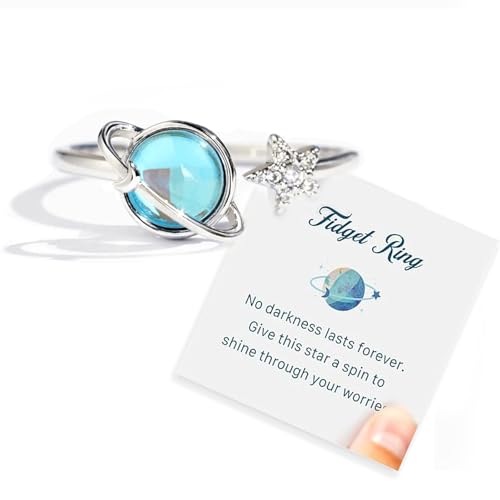 Taoqiao Adjustable Planet Anxiety Ring – Fidget Spinner Ring for Stress Relief with Moon & Star Design, Gift Card Included