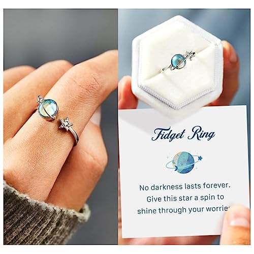 Taoqiao Adjustable Planet Anxiety Ring – Fidget Spinner Ring for Stress Relief with Moon & Star Design, Gift Card Included