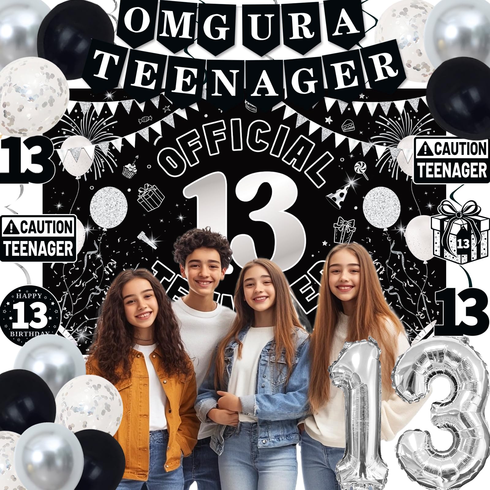 TAOTOSUNE 13th Birthday Decorations Kit for Teens – Black White Silver Theme with Banner, Backdrop, Foil Balloons, and More