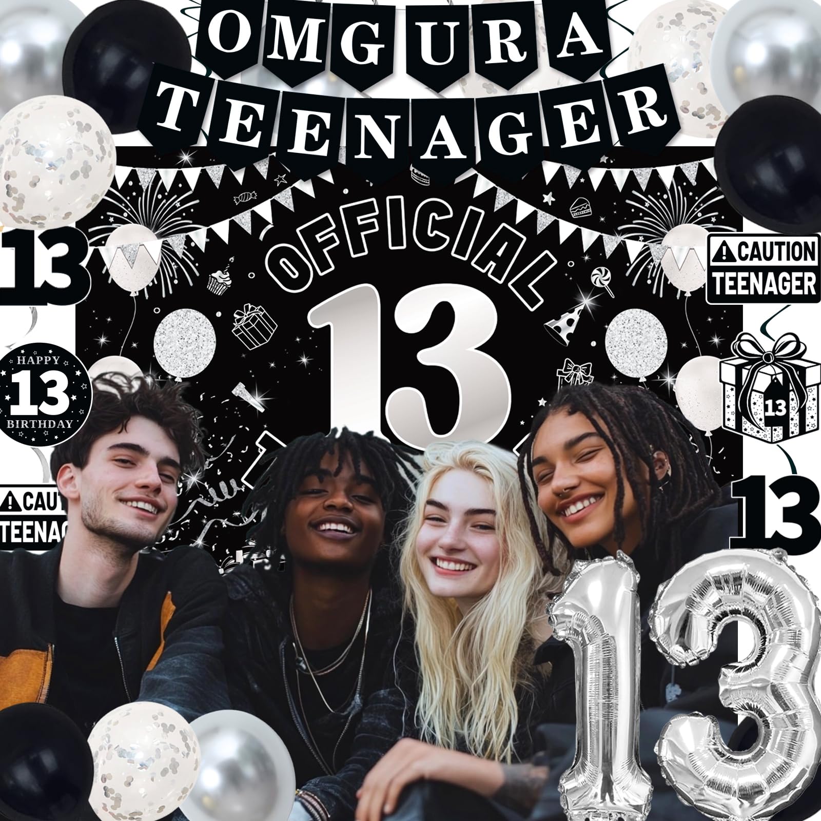 TAOTOSUNE 13th Birthday Decorations Kit for Teens – Black White Silver Theme with Banner, Backdrop, Foil Balloons, and More