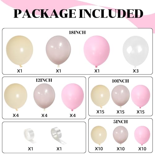 TAOYE 93-Piece Pink White Balloon Arch Kit – Double Stuffed Pastel & Ivory Balloons with Clear Accents for Baby Showers & Birthday Parties