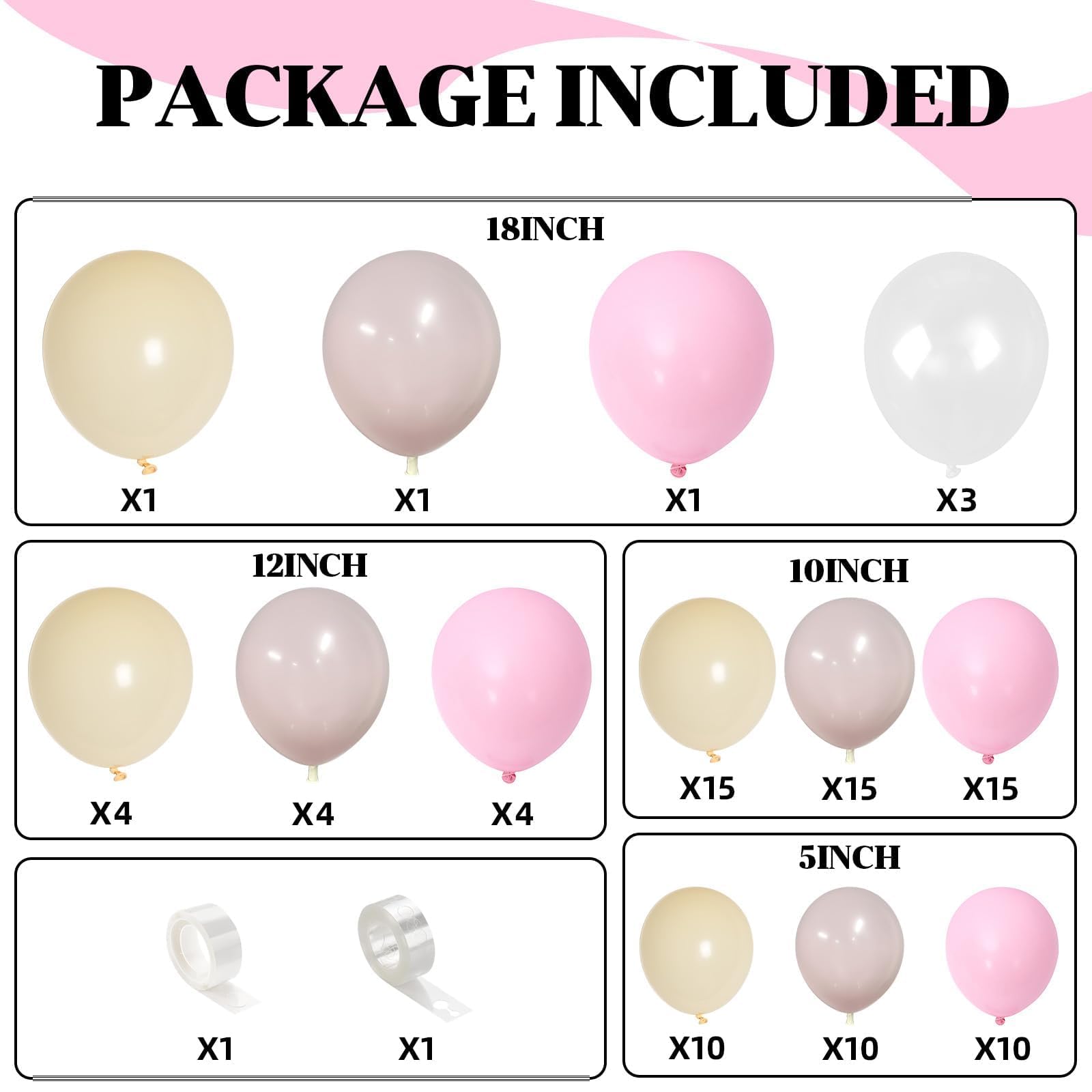 TAOYE 93-Piece Pink White Balloon Arch Kit – Double Stuffed Pastel & Ivory Balloons with Clear Accents for Baby Showers & Birthday Parties