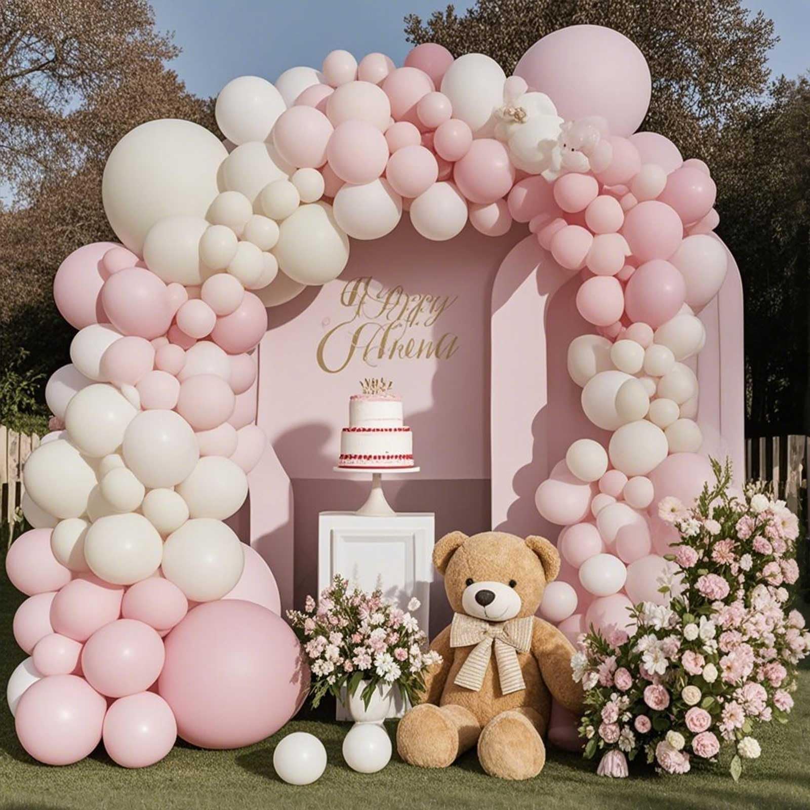 TAOYE 93-Piece Pink White Balloon Arch Kit – Double Stuffed Pastel & Ivory Balloons with Clear Accents for Baby Showers & Birthday Parties