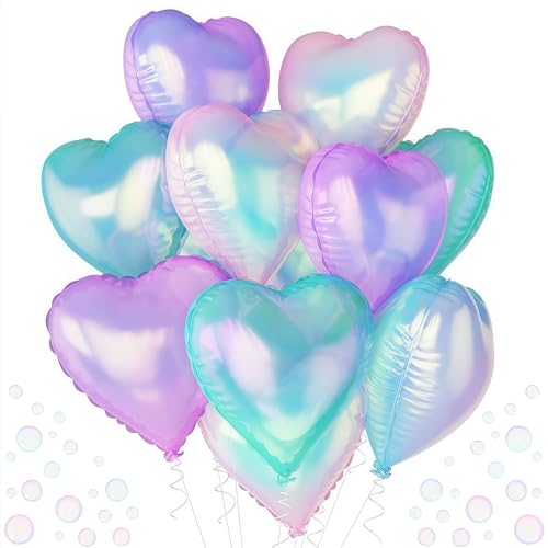 TAOYE Iridescent Heart Balloons 12-Pack – 18 Inch Gradient Pink Purple Green Foil Balloons for Birthday Wedding Party Decor