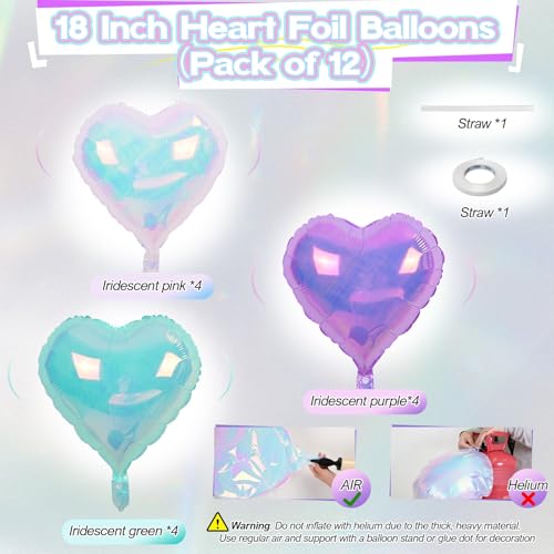 TAOYE Iridescent Heart Balloons 12-Pack – 18 Inch Gradient Pink Purple Green Foil Balloons for Birthday Wedding Party Decor
