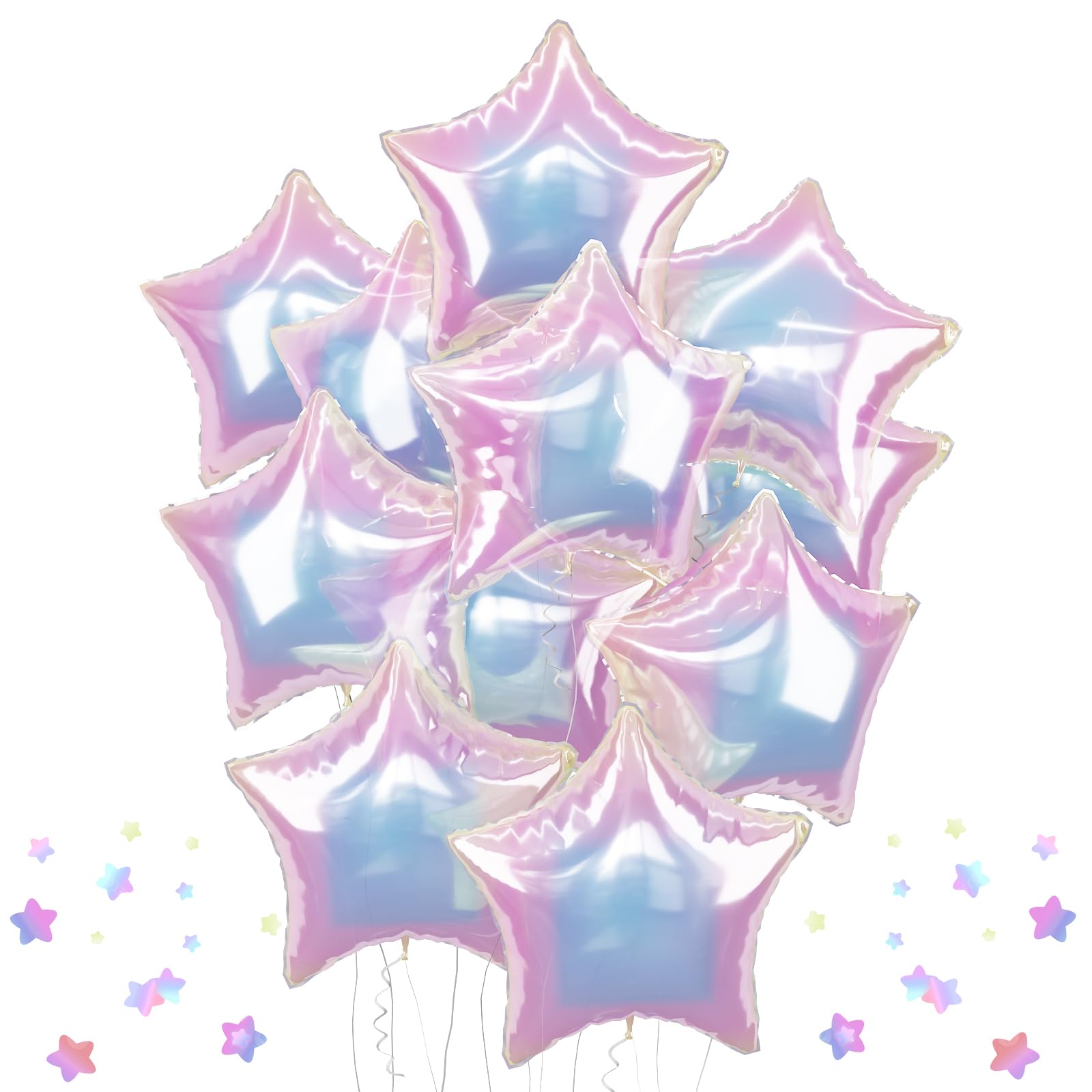 TAOYE Iridescent Star Balloons (9 Pack) - 18-Inch Gradient Pink White Foil Balloons for Birthday Rainbow Mermaid Party Decor