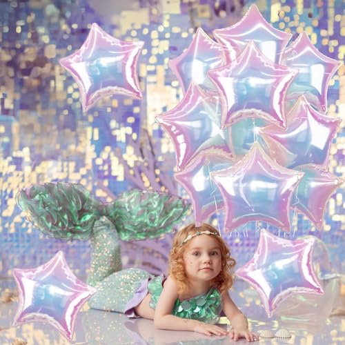 TAOYE Iridescent Star Balloons (9 Pack) - 18-Inch Gradient Pink White Foil Balloons for Birthday Rainbow Mermaid Party Decor