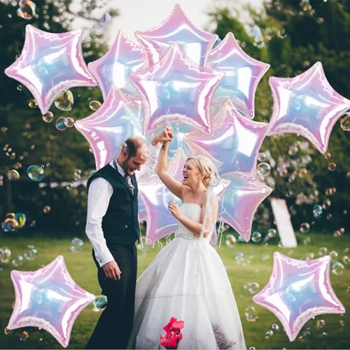 TAOYE Iridescent Star Balloons (9 Pack) - 18-Inch Gradient Pink White Foil Balloons for Birthday Rainbow Mermaid Party Decor