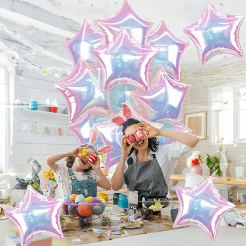 TAOYE Iridescent Star Balloons (9 Pack) - 18-Inch Gradient Pink White Foil Balloons for Birthday Rainbow Mermaid Party Decor